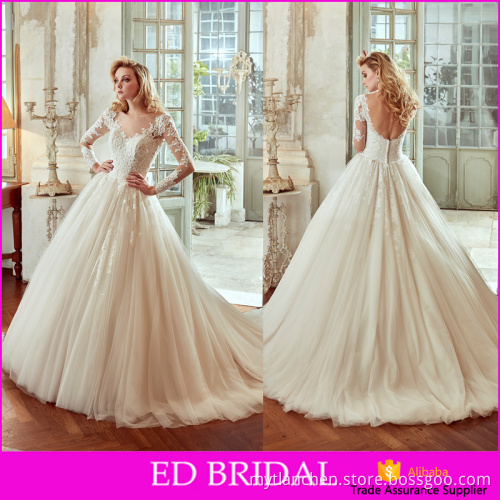 2016 Wholesale Price Boat Neckline Backless Appliques Romantic Ball Gown Wedding Gown